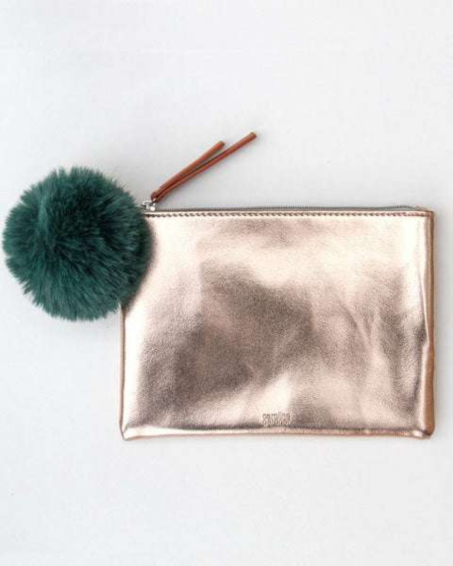 Womens * | Caroline Gardner Rose Gold Pouch With Green Pom