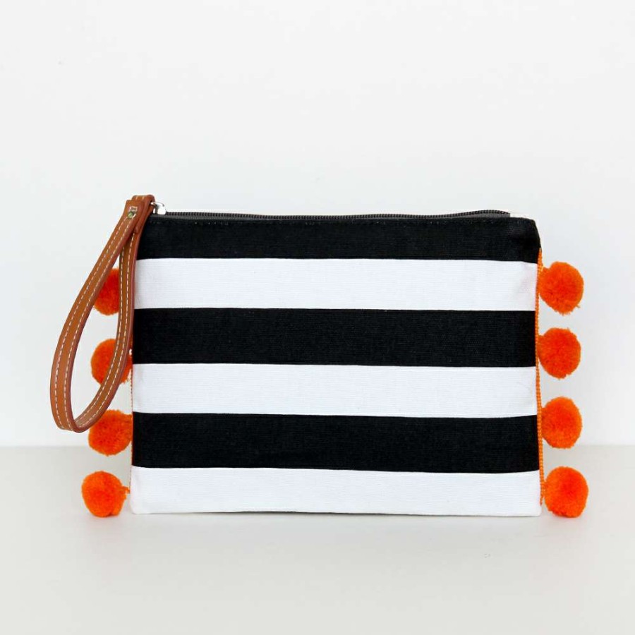 Womens * | Caroline Gardner Striped Clutch Bag With Pom Poms