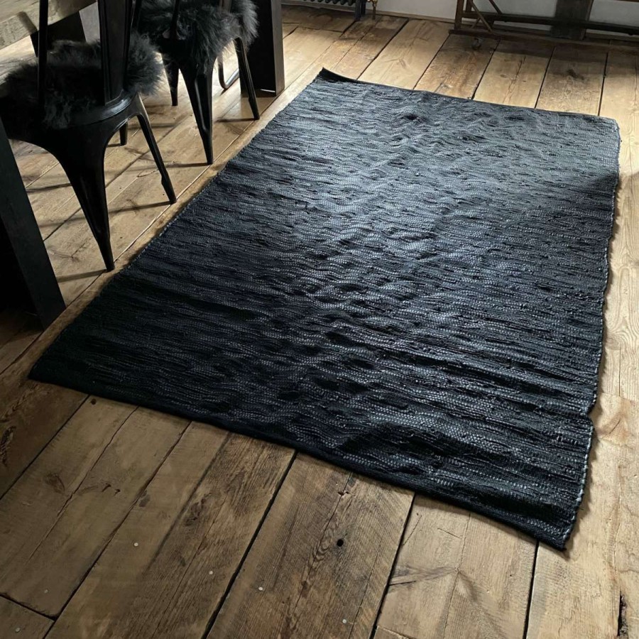 Homewares * | Muubs Black Leather Woven Rug