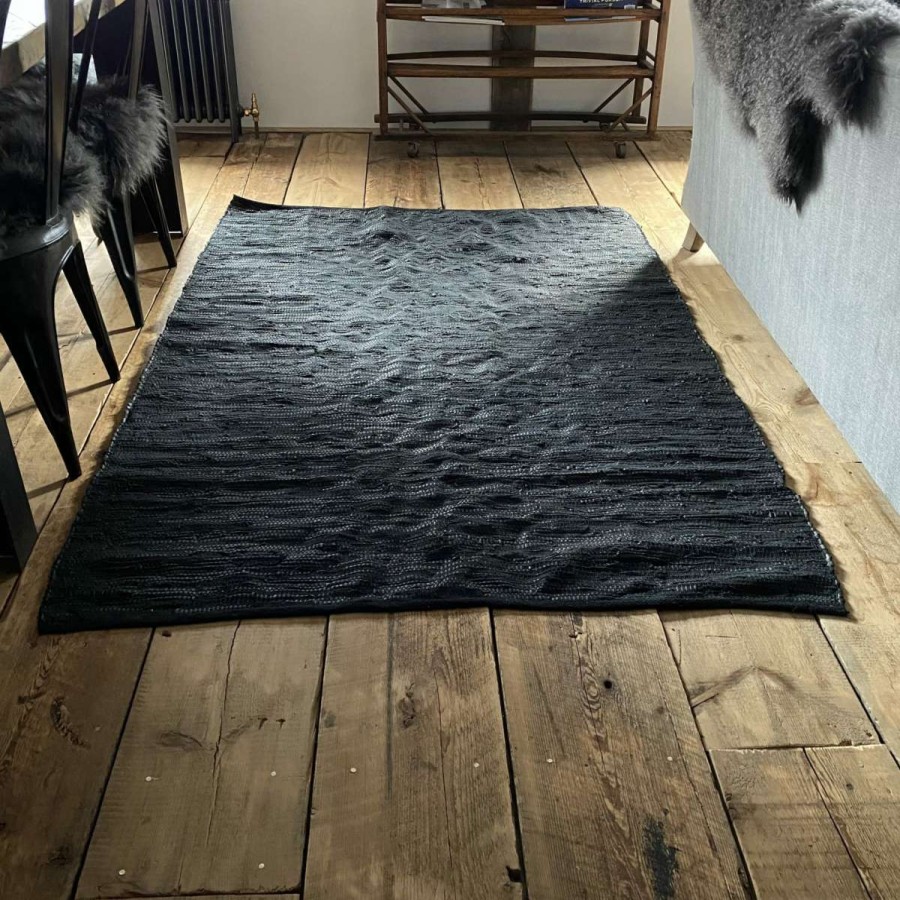 Homewares * | Muubs Black Leather Woven Rug